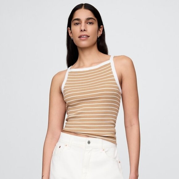 GAP Modern Apron-Neck Tank Top Khaki tan & white stripe S NWT - Picture 1 of 4